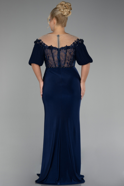 Navy Blue Short Sleeve Embroidered Slit Long Plus Size Evening Gown ABU4100
