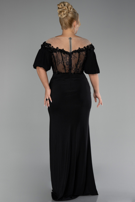 Black Short Sleeve Embroidered Slit Long Plus Size Evening Gown ABU4100