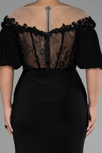 Black Short Sleeve Embroidered Slit Long Plus Size Evening Gown ABU4100