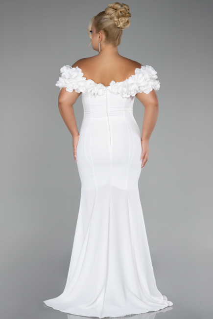 White Boat Neck Slit Long Plus Size Evening Dress ABU4081