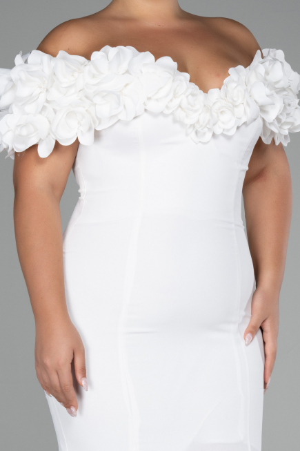 White Boat Neck Slit Long Plus Size Evening Dress ABU4081
