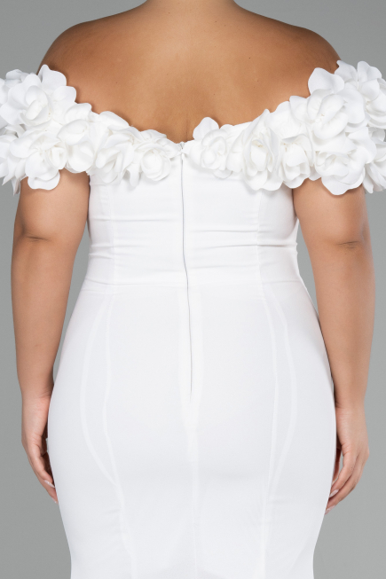 White Boat Neck Slit Long Plus Size Evening Dress ABU4081
