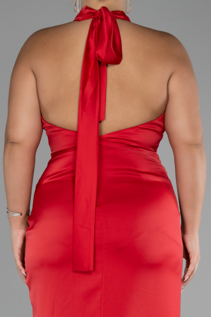 Red Halter Neckline Slit Satin Plus Size Evening Dress ABU4110