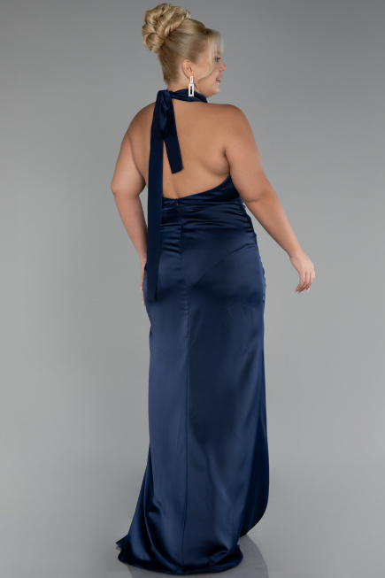 Navy Blue Halter Neckline Slit Satin Plus Size Evening Dress ABU4110