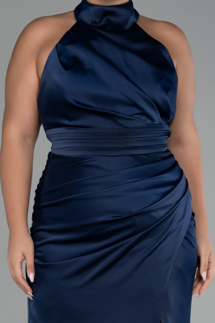 Navy Blue Halter Neckline Slit Satin Plus Size Evening Dress ABU4110
