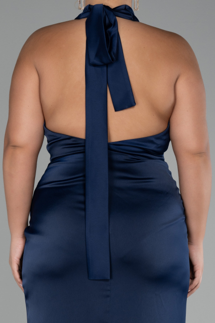 Navy Blue Halter Neckline Slit Satin Plus Size Evening Dress ABU4110