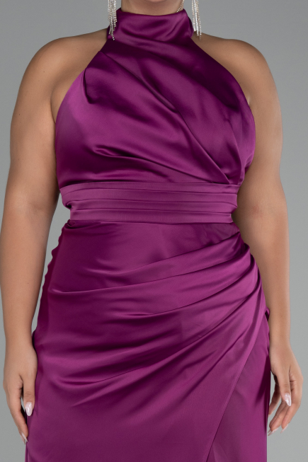 Plum Halter Neckline Slit Satin Plus Size Evening Dress ABU4110