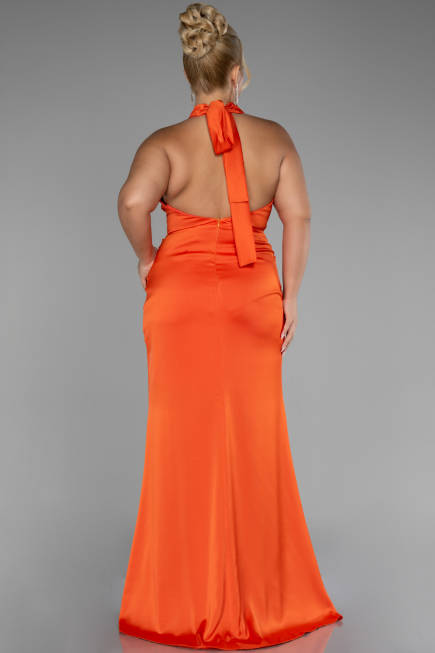 Orange Halter Neckline Slit Satin Plus Size Evening Dress ABU4110