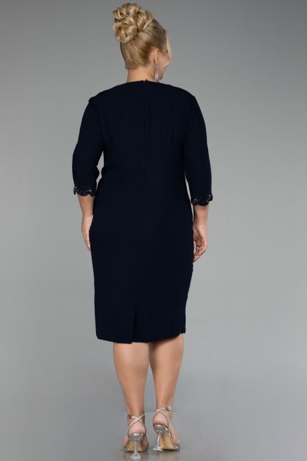 Navy Blue Capri Sleeve Midi Plus Size Evening Dress ABK2095