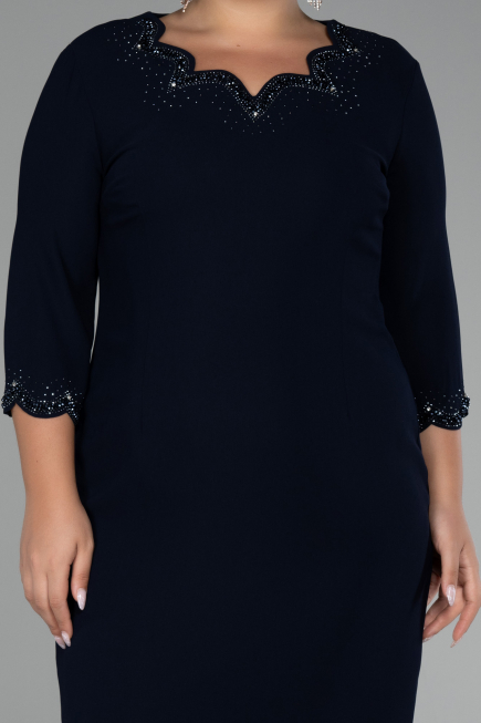 Navy Blue Capri Sleeve Midi Plus Size Evening Dress ABK2095