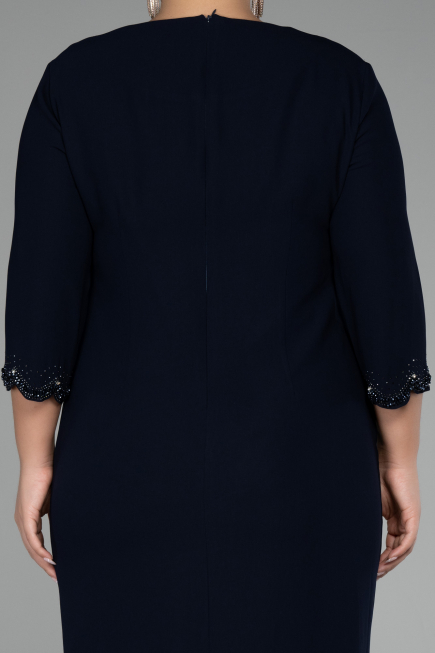 Navy Blue Capri Sleeve Midi Plus Size Evening Dress ABK2095