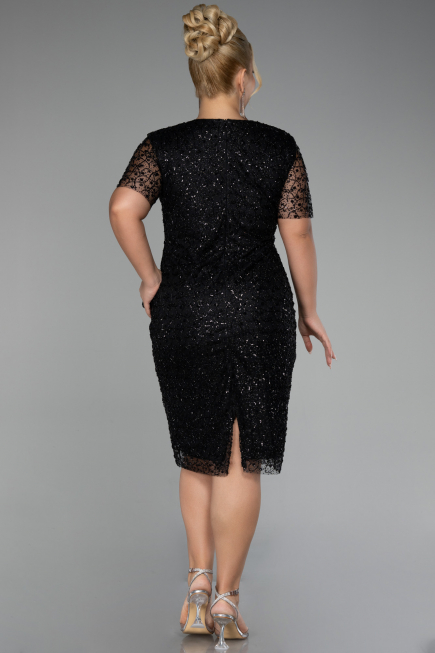 Black Short Sleeve Stone Midi Plus Size Evening Dress ABK2116