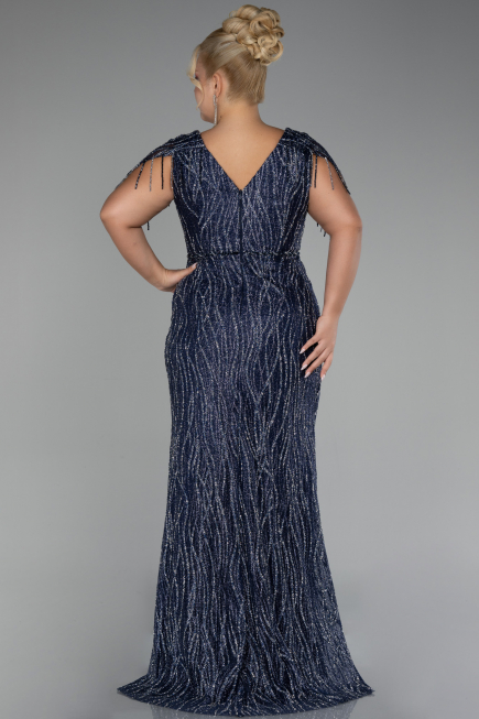 Navy Blue Short Sleeve Stony Long Plus Size Special Design Evening Dress ABU4146