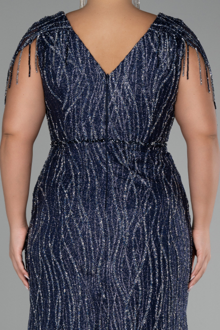 Navy Blue Short Sleeve Stony Long Plus Size Special Design Evening Dress ABU4146