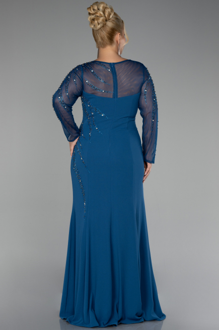 Oil Green Stoned Long Sleeve Plus Size Evening Gown ABU3928