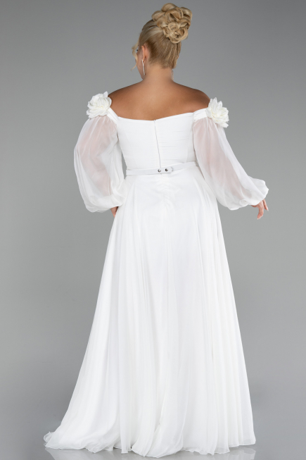 White Boat Neck Long Sleeve Plus Size Chiffon Prom Gown ABU4131