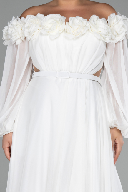 White Boat Neck Long Sleeve Plus Size Chiffon Prom Gown ABU4131