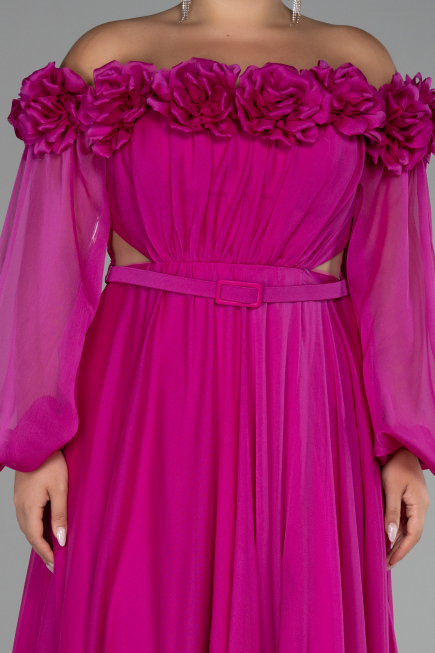 Fuchsia Boat Neck Long Sleeve Plus Size Chiffon Prom Gown ABU4131