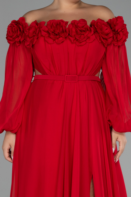 Red Boat Neck Long Sleeve Plus Size Chiffon Prom Gown ABU4131