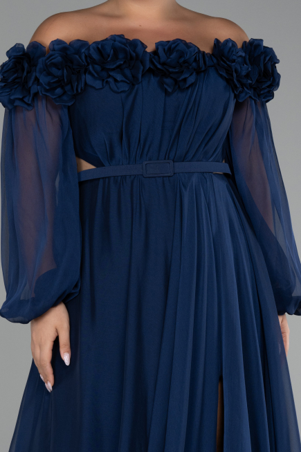 Navy Blue Boat Neck Long Sleeve Plus Size Chiffon Prom Gown ABU4131
