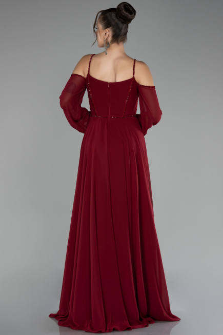 Burgundy Long Chiffon Slit Evening Dress ABU3914