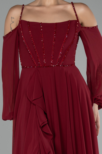 Burgundy Long Chiffon Slit Evening Dress ABU3914