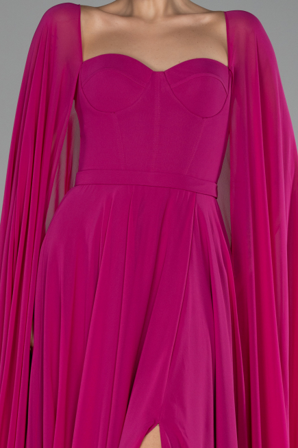 Fuchsia Strapless Shawl Sleeve Long Chiffon Evening Dress ABU4158
