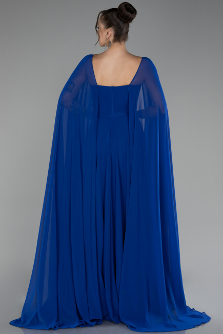 Sax Blue Strapless Shawl Sleeve Long Chiffon Evening Dress ABU4158