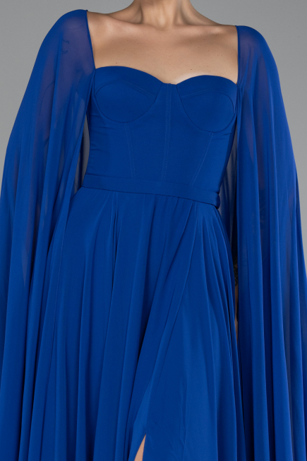 Sax Blue Strapless Shawl Sleeve Long Chiffon Evening Dress ABU4158