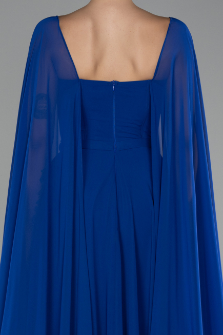 Sax Blue Strapless Shawl Sleeve Long Chiffon Evening Dress ABU4158
