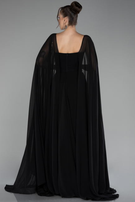 Black Strapless Shawl Sleeve Long Chiffon Evening Dress ABU4158