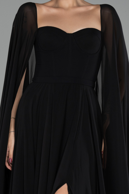 Black Strapless Shawl Sleeve Long Chiffon Evening Dress ABU4158