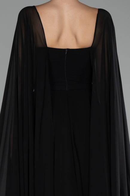 Black Strapless Shawl Sleeve Long Chiffon Evening Dress ABU4158