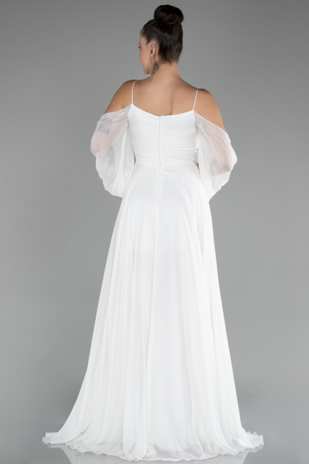 Ekru Shoulder Decollete Long Sleeve Chiffon Prom Dress ABU4165