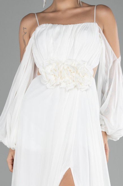 Ekru Shoulder Decollete Long Sleeve Chiffon Prom Dress ABU4165