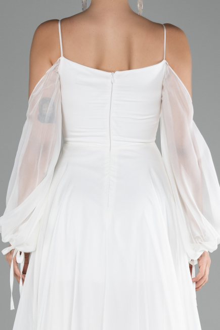 Ekru Shoulder Decollete Long Sleeve Chiffon Prom Dress ABU4165