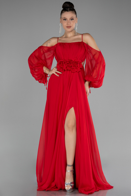 Kırmızı Shoulder Decollete Long Sleeve Chiffon Prom Dress ABU4165