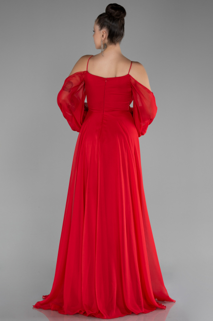 Kırmızı Shoulder Decollete Long Sleeve Chiffon Prom Dress ABU4165