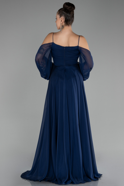 Lacivert Shoulder Decollete Long Sleeve Chiffon Prom Dress ABU4165