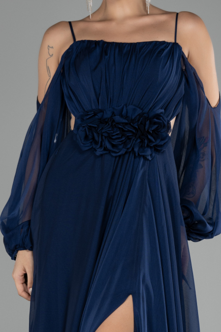 Lacivert Shoulder Decollete Long Sleeve Chiffon Prom Dress ABU4165