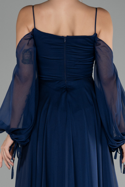 Lacivert Shoulder Decollete Long Sleeve Chiffon Prom Dress ABU4165