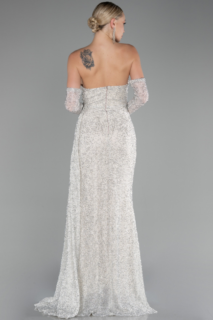 Beige Strapless Stony Long Slit Prom Gown ABU4163