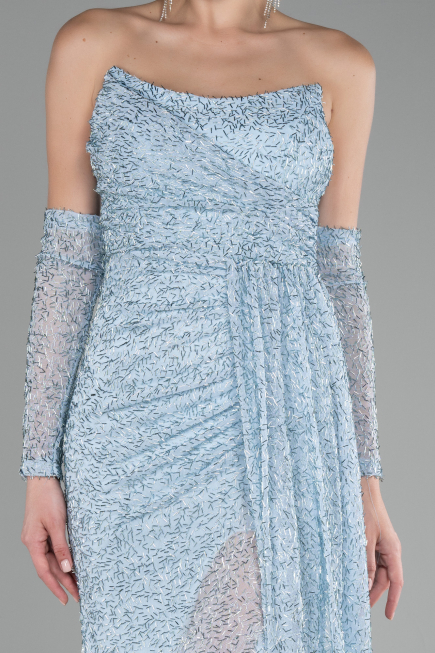 Light Blue Strapless Stony Long Slit Prom Gown ABU4163
