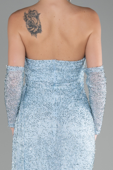 Light Blue Strapless Stony Long Slit Prom Gown ABU4163