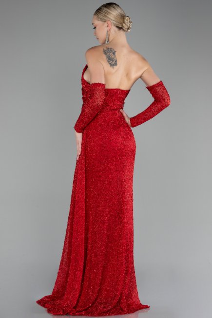 Red Strapless Stony Long Slit Prom Gown ABU4163