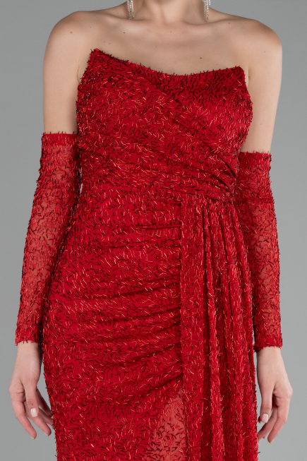 Red Strapless Stony Long Slit Prom Gown ABU4163