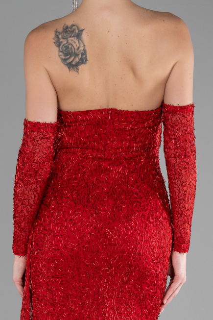 Red Strapless Stony Long Slit Prom Gown ABU4163