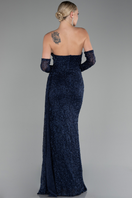 Navy Blue Strapless Stony Long Slit Prom Gown ABU4163
