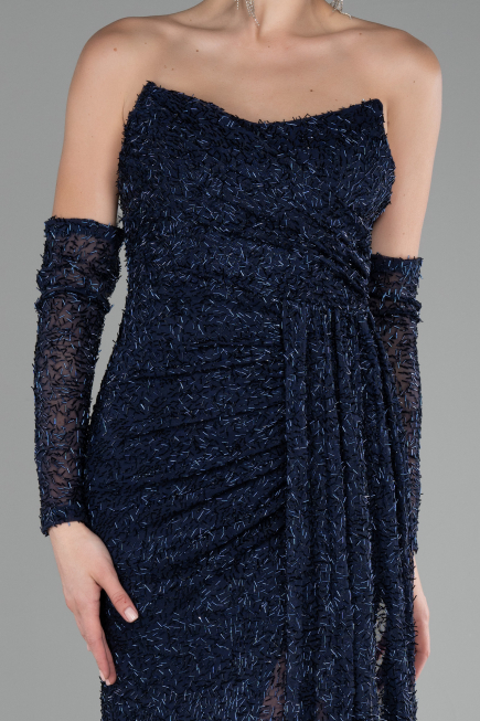 Navy Blue Strapless Stony Long Slit Prom Gown ABU4163