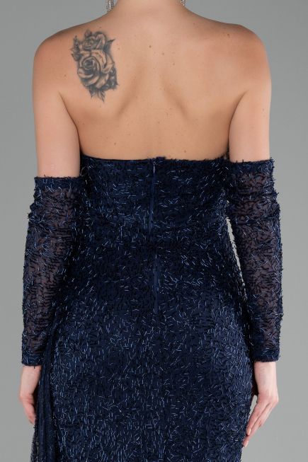 Navy Blue Strapless Stony Long Slit Prom Gown ABU4163